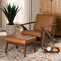 Baxton Studio Bianca-Tan/Walnut Brown-2PC Set Bianca Mid-Century Modern Walnut Brown Finished Wood and Tan Faux Leather Effect 2-Piece Lounge chair and Ottoman Sete
